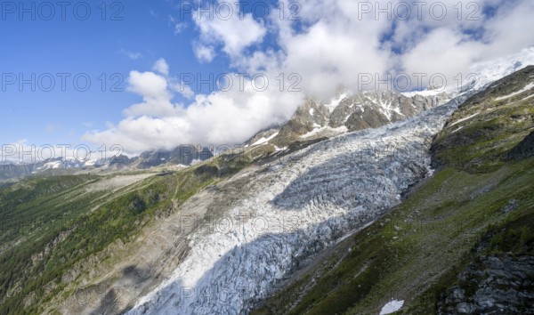 Mountain landscape with glacier Glacier des Bossons and summit of the Aiguille du Midi, Chamonix, Haute-Savoie, France, Europe
