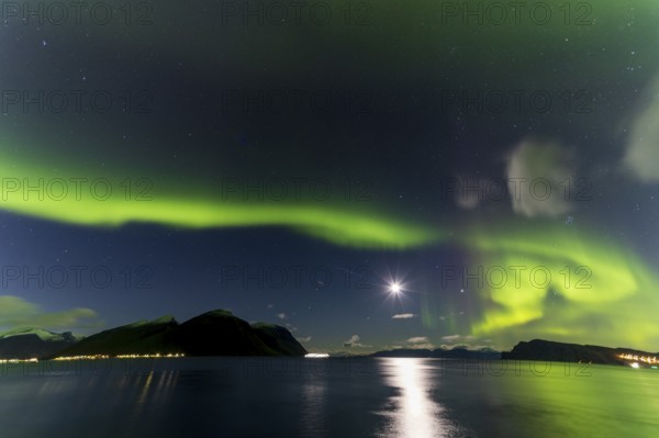 Northern Lights, (Aurora borealis) at a fjord near Skjiervoya, September 2024, Lapland, Finnmark, Norway, Europe