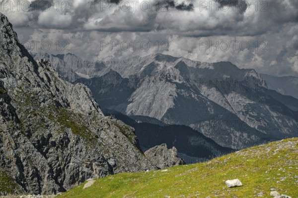 Dramatic weather mood, At the Hafelekar, View from the Karwendelblick of the Innsbruck Nordkette to the Karwendel mountains of the Alps, Alpine landscape, Innsbruck, Tyrol, Austria, Europe