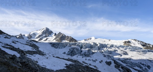 High alpine mountain landscape, summit of the Aiguille de Chardonnet and Glacier du Tour, glaciers and mountain peaks, Chamonix, Haute-Savoie, France, Europe