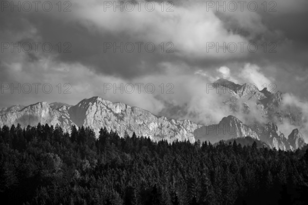 View from the Chiemgau to the peaks of the horse-rider Alm, on the left Weitschartenkopf, on the right Häuselhorn, in front the three brothers, black and white, Bavaria, Germany, Europe