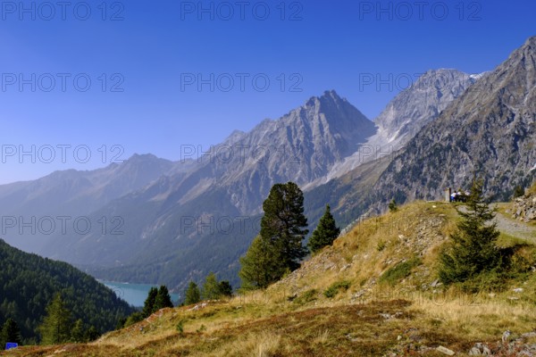 At the Staller Sattel, with Lake Antholz, behind Hochgall, between the Antholz Valley, South Tyrol Italy and the Defereggen Valley, East Tyrol, Austria, Europe