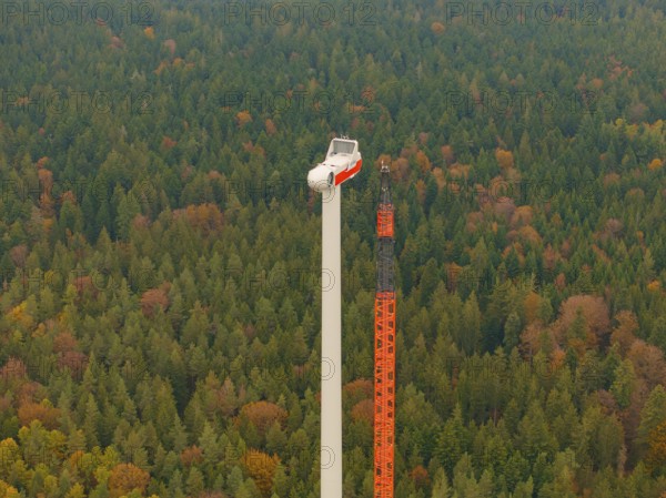 Close-up of a crane and a wind turbine in autumn forest, wind farm construction site, Grömbach, Black Forest, Germany, Europe