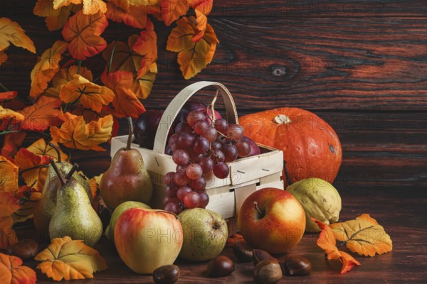 A basket of grapes and plums surrounded by pears, apples, a pumpkin, chestnuts and autumn leaves