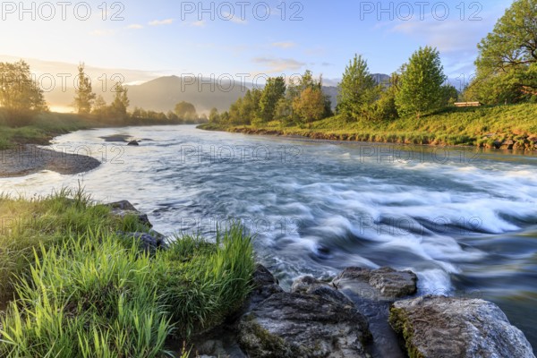 Rapids, river, riverbank, long exposure, sunrise, mountains, spring, Loisach, Alpine foothills, Bavaria, Germany, Europe
