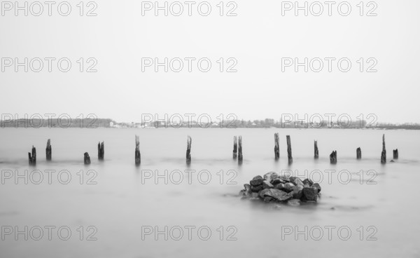 Long exposure, groynes and wooden stakes in the Baltic Sea, Rügen, Mecklenburg-Western Pomerania, Germany, Europe