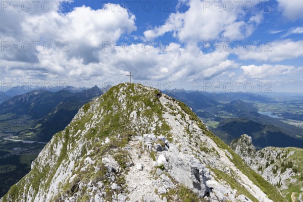 Panorama from the Säuling, 2047m, on Reutte in Tyrol, Austria, and Füssen, Ostallgäu, Bavaria, Germany, Europe