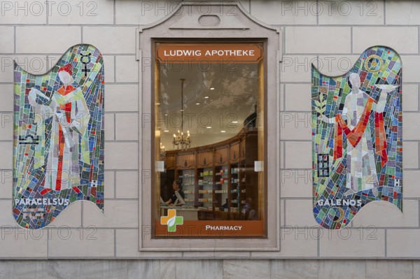 Modern mosaic pictures of Paracelsus and Galenos, on the facade of a pharmacy, Bad Kissingen, Lower Franconia Bavaria, Germany, Europe