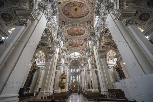 Interior with baroque stucco and ceiling fresco created in the 17th century, Passau Cathedral, Passau, Lower Bavaria, Bavaria, Germany, Europe