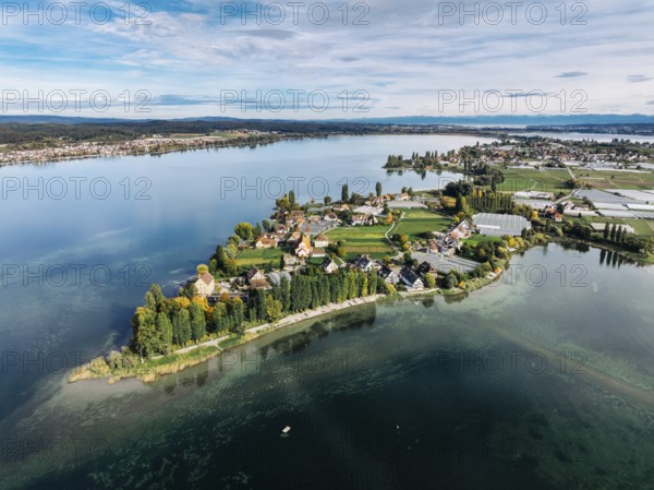 Aerial view of the north-western tip of the island of Reichenau in Lake Constance, with the district of Niederzell and the columned basilica of St Peter and Paul, Windegg Castle on the shore, district of Constance, Baden-Württemberg, Germany, Europe