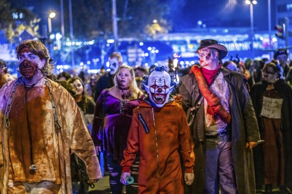The Zombiewalk in Essen, on Halloween several hundred people, some dressed as scary zombies, undead, walked from the main railway station to the district of Rüttenscheid, North Rhine-Westphalia, Germany, Europe
