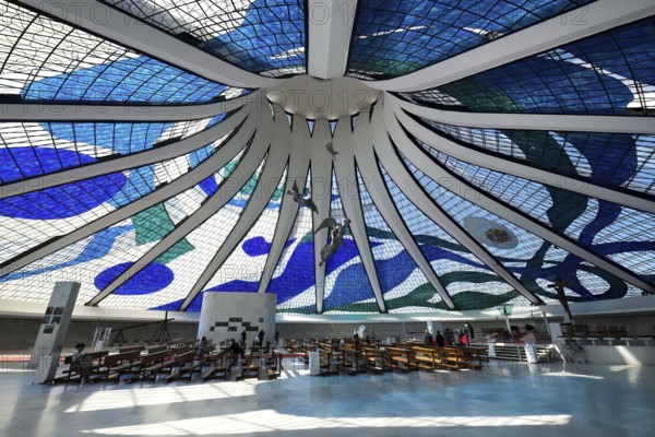 Interior of Roman Cathedral of Brasilia or Metropolitan Cathedral of Our Lady of Aparecida, designed by Oscar Niemeyer, World Heritage Site, Brasilia, Federal district, Brazil, South America