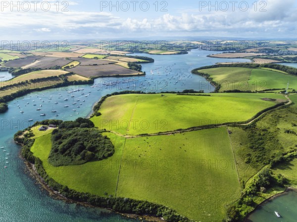 Salcombe and Mill Bay over Kingsbridge Estuary from a drone, Batson Creek, Southpool Creek, Devon, England, United Kingdom, Europe