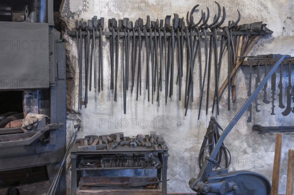 Forging tools in a historical hammer forge, Industrial Museum Lauf, Sichardstr., Lauf an der Pegnitz, Middle Franconia, Bavaria, Germany, Europe