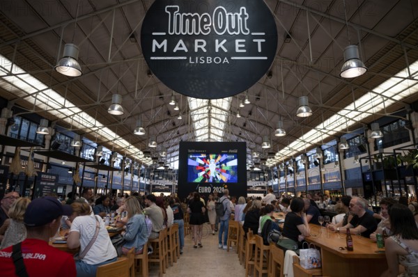 Interior shots, restaurants, events, food, TV broadcasts in the Time Out Market during EURO 2024, Lisbon, Portugal, Europe