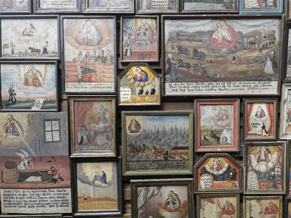 Votive pictures, votive tablets on the walls of the chapel of grace inside the church, pilgrimage church of the Assumption of the Virgin Mary in Sammarei, district of Passau, Lower Bavaria, Bavaria, Germany, Europe