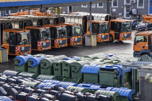 Hagener Entsorgunsbetriebe depot, refuse lorry, various refuse bins, containers, North Rhine-Westphalia, Germany, Europe