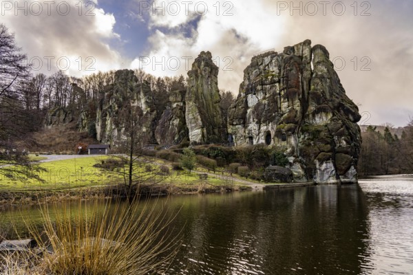 The Externsteine, a sandstone rock formation, Wiembecketeich, in the Teutoburg Forest, near Horn-Bad Meinberg, Lippe district, North Rhine-Westphalia, Germany, Europe