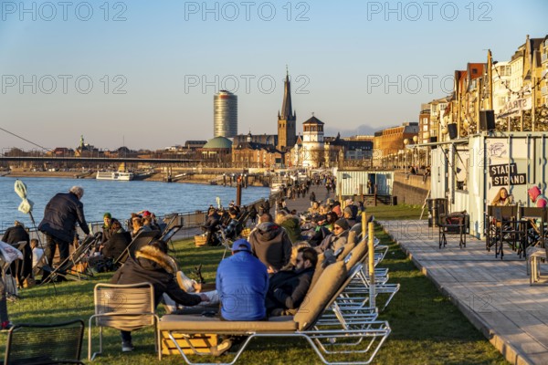 Rhine promenade, city beach, Rhine meadows, banks of the Rhine in the historic city centre of Düsseldorf, North Rhine-Westphalia, Germany, Europe