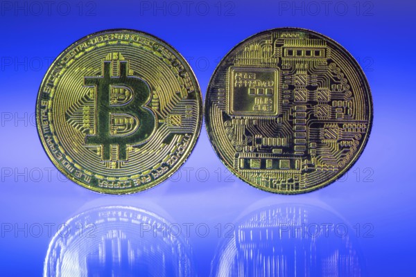 Bitcoin, cryptocurrency, symbol coin, optical placeholder for the digital currency, front and back, symbol of the blockchain