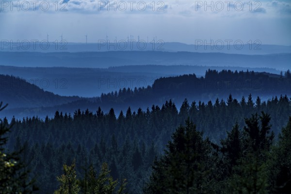 View from Kahlen Asten mountain, to the east, forest landscape in Hochsauerlandkreis, Hochheide, North Rhine-Westphalia, Germany, Europe