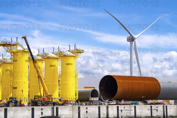 SIF Offshore Foundaitons, production of foundations, monopiles, for offshore wind turbines, the wind turbines are assembled on these pipes, which are installed in the seabed at a depth of up to 60 metres, production plant in the seaport of Rotterdam, Maasvlakte, Rotterdam Netherlands