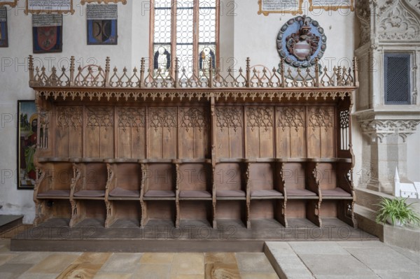 Choir stalls from 1490, St Mary's Church, Kalbensteinberg, Middle Franconia, Bavaria, Germany, Europe