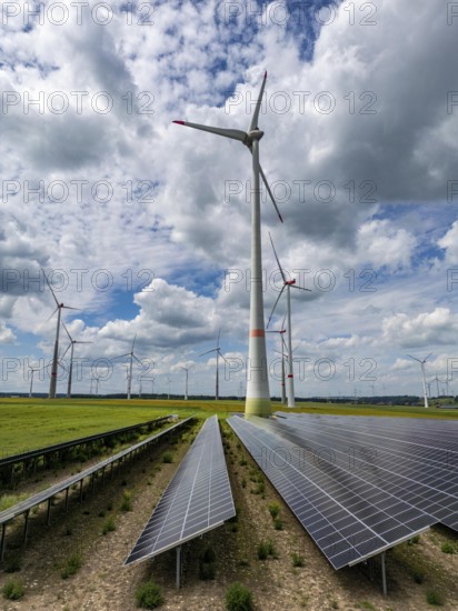 Wind farm near Marsberg, photovoltaic system, utilisation of land for renewable energies, Hochsauerlandkreis, North Rhine-Westphalia, Germany, Europe