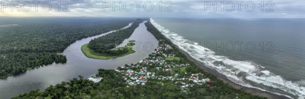 Aerial view, beach and sea, coast with rainforest, Tortuguero National Park, Costa Rica, Central America