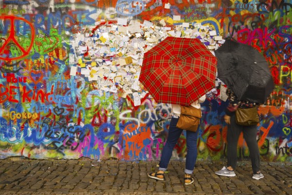 Graffiti, notes with wishes and requests, John Lennon Wall, Grossprior Square, Prague, Czech Republic, Europe