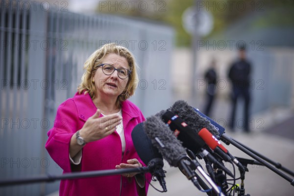 Svenja Schulze (SPD), Federal Minister for Economic Cooperation and Development, gives a statement after a meeting of the Federal Cabinet regarding a key issues paper of the Federal Government on mobilising the private sector for the reconstruction of Ukraine. Berlin, 10.04.2024. Photographed on behalf of the Federal Ministry for Economic Cooperation and Development