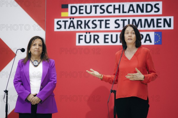 Iratxe Garcv?a Pv©rez, Chair of the S&D Group in the European Parliament, and Katarina Barley, Member of the European Parliament, together at a press conference at the Willy Brandt House during a presidium meeting in Berlin, 8 April 2024