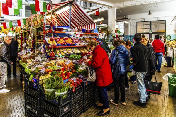 Fruit and vegetable stalls, market hall, Mercato Coperto, 1936, Trieste, harbour town on the Adriatic, Friuli, Italy, Trieste, Friuli, Italy, Europe