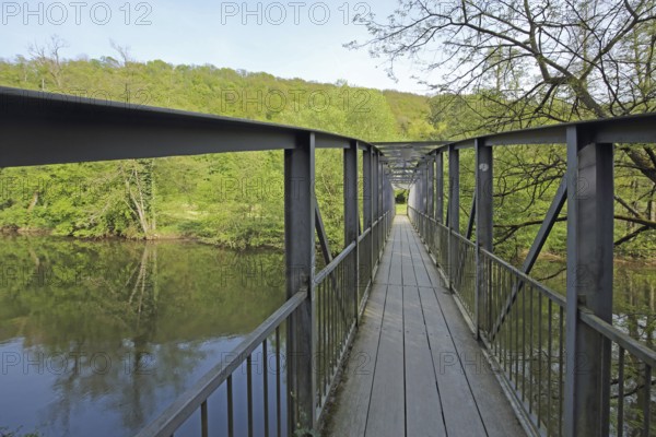 Iron footbridge over the Glan, pedestrian bridge, river, landscape, steel construction, steel girder, Meisenheim, Rhineland-Palatinate, Germany, Europe