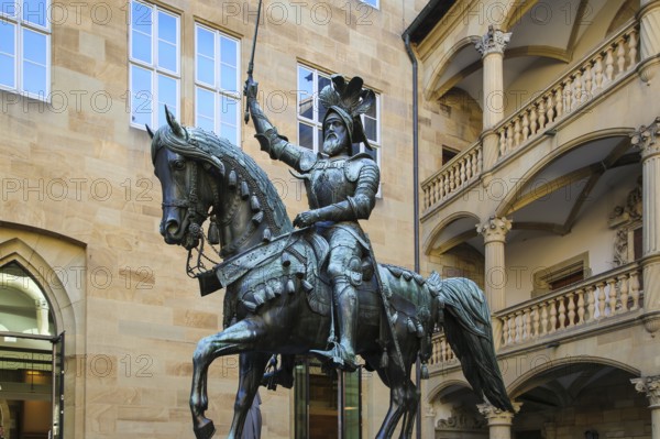 Equestrian statue of Count Eberhard im Bart, Eberhard I, Duke, bronze statue, public art, large sculpture, horse, sword, armour, Altes Schloss Stuttgart, former moated castle, princely residence, 14th century seat of the Counts of Württemberg, court chamber, today Renaissance castle, architect Aberlin Tretsch, Württemberg State Museum, historical building, architecture, castle courtyard arcades, state capital, Stuttgart, Baden-Württemberg, Germany, Europe