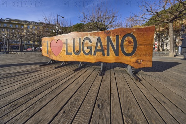 I Love Fotopoint, wooden planks, general architecture, frog perspective, blue sky, veil clouds, street Riva Vincenzo Vela, Lugano, district Lugano, canton Ticino, Switzerland, Europe
