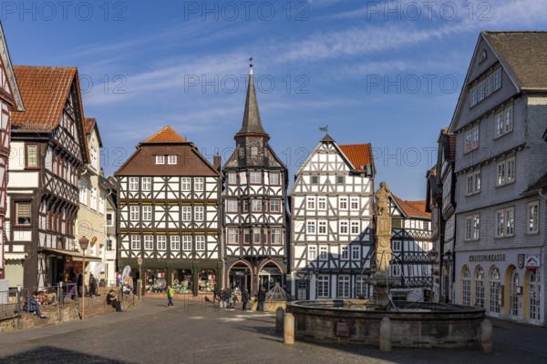 Half-timbered houses, St Michael's merchants' guild house and Rolandsbrunnen fountain on the market square in Fritzlar, Schwalm-Eder district, Hesse, Germany, Europe