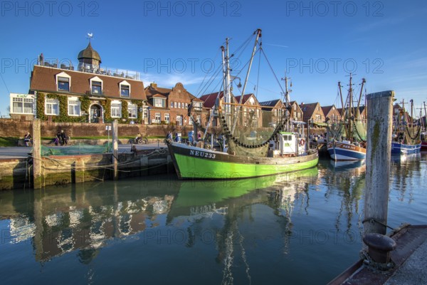 The harbour of Neuharlingersiel, East Frisia, Lower Saxony, fishing boats, fishing cutter, monument, Neuharlingersiel, Federal Republic of Germany ferry port