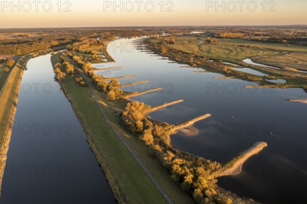 Aerial view of channel Gnevsdorfer Vorfluter and river Elbe at sunset, between Wittenberge and Havelberg, Germany, Europe