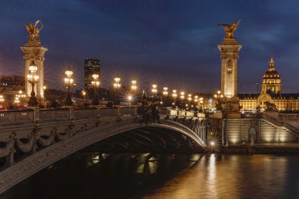 Pont Alexandre III, with Invalides Cathedral, Seine, Invalides, Paris, Ile de France, France, Paris, Ile de France, France, Europe
