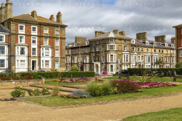 Historic seafront buildings, Wellington Esplanade gardens, Lowestoft, Suffolk, England, UK