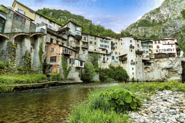 Pont en Royans. Houses hanging above river La Bourne. Isère. Auvergne-Rhone-Alpes. Vercors regional natural park. France