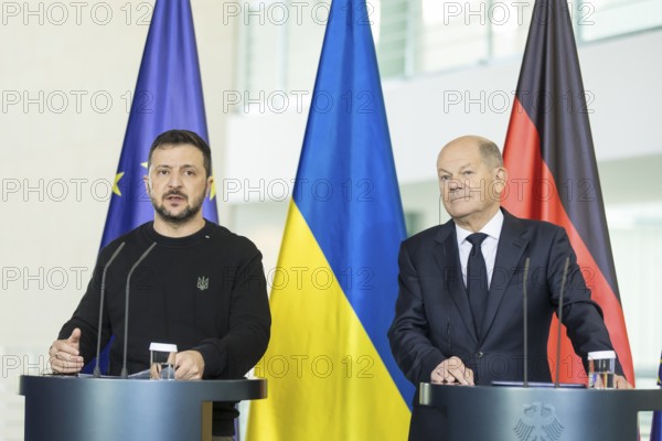 Volodymyr Zelensky (President of Ukraine) and Olaf Scholz (Chancellor of the Federal Republic of Germany) give a press statement at the Federal Chancellery, 11 October 2024
