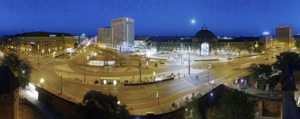 Aerial view, Bahnhofsplatz from left: Grandhotel, The Cloud One Hotel, central station, Diehl & Co KG, Ergo Versicherung, front centre tram stop, bus stop, night shot, Bahnhofstraße, Nuremberg, Middle Franconia, Franconia, Bavaria, Germany, Europe