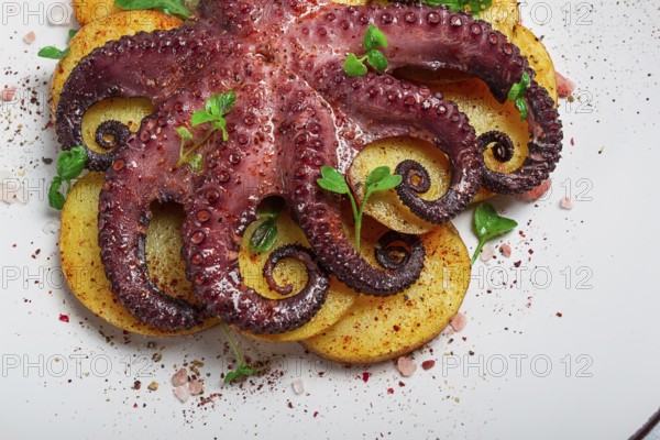 Octopus with potatoes and spices, on a light plate, top view, no people, homemade, close-up