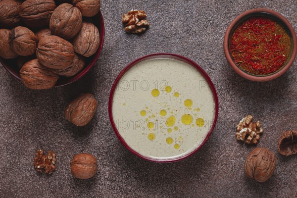 Walnut sauce Baghe, traditional Georgian dish, homemade, no people