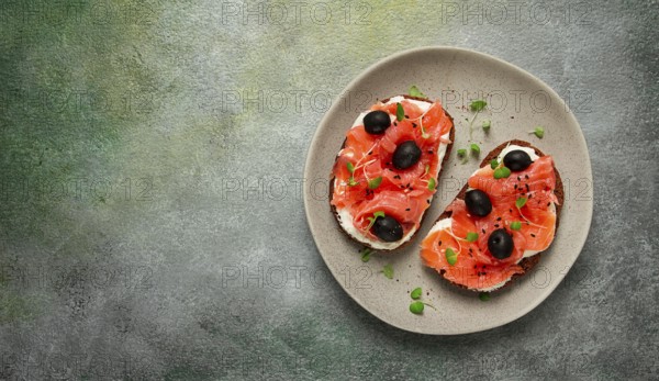 Sandwiches with red fish, cream cheese, olives and microgreens, breakfast