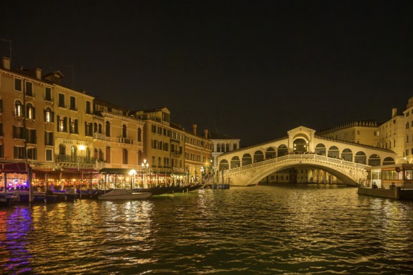 Night shot of the Rialto Bridge from the vaporetto, Venice, Metropolitan City of Venice, Italy, Europe