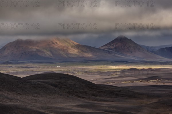 Barren volcanic landscape, clouds, summer, Mödrudalur, North Iceland, Iceland, Europe