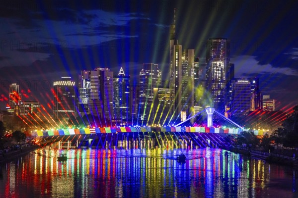 On Wednesday, 12 June 2024, the city of Frankfurt am Main will celebrate the start of the European Football Championship with a spectacular light show from 22:30. The eastern side of the Flößerbrücke bridge will be transformed into a spectacular spectacle of light and colour in the colours of the 24 participating nations, Frankfurt am Main, Hesse, Germany, Europe